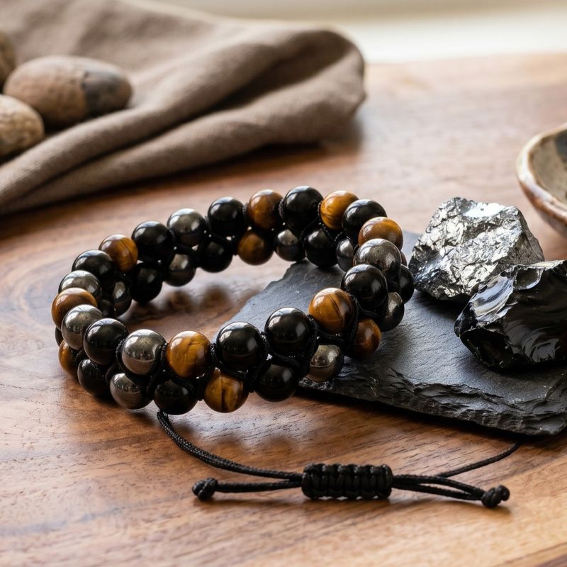 Braccialetto Ematite/Ossidiana/Occhio di tigre regolabile