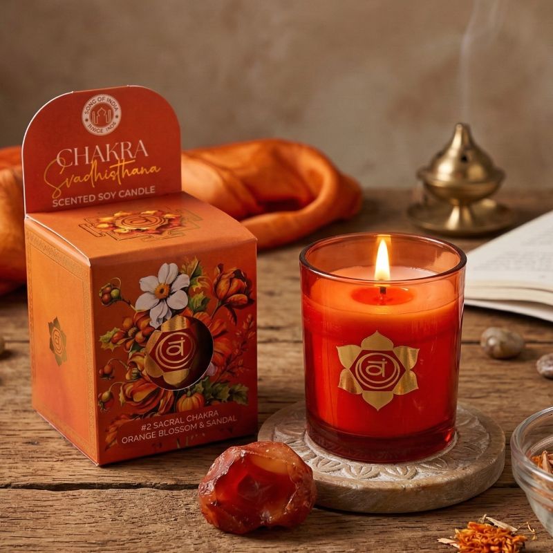 Candela profumata in cera di soia 2 chakra Svadhisthana fiori d’arancio e sandalo