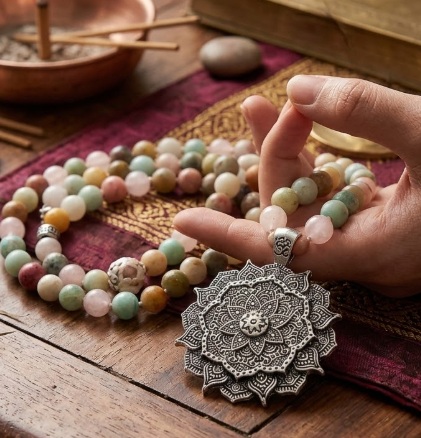 Mala Quarzo rosa/Amazzonite/Rodonite + loto