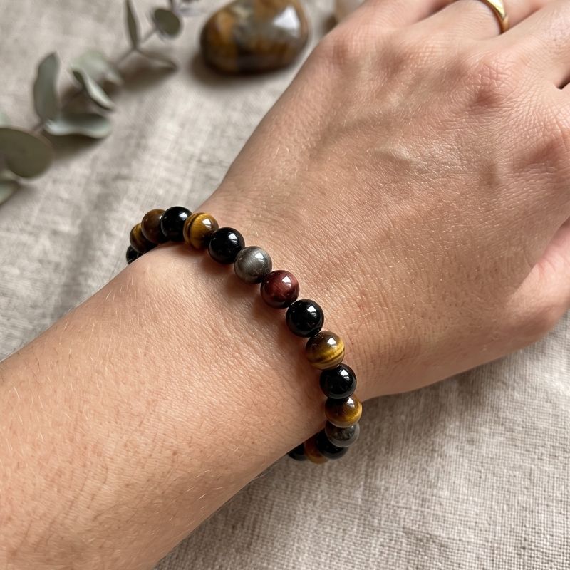 Braccialetto elastico ematite/ossidiana/occhio di tigre